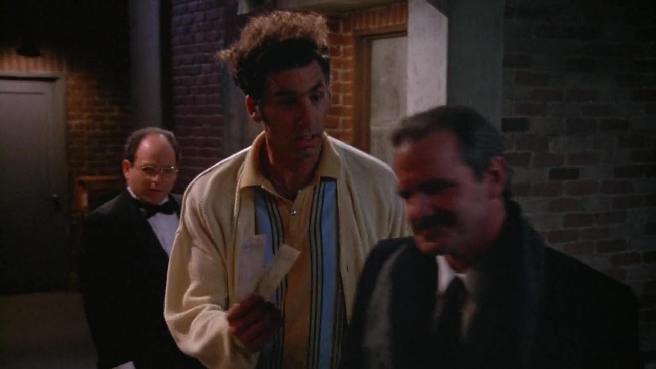Kramer: I got two, I got two huh, Pagliacci, who needs two, Pagliacci, come on, the great tragic clown, come on, check it out, he laughs, he cries, he sings, Pagliacci. 